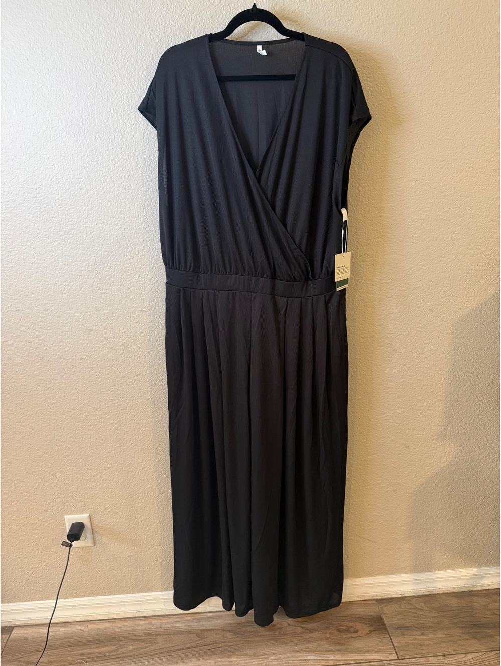 Halara 2x Black V Neck Short Sleeve Pocket Wide Leg Flowy Waffle Casual Jumpsuit